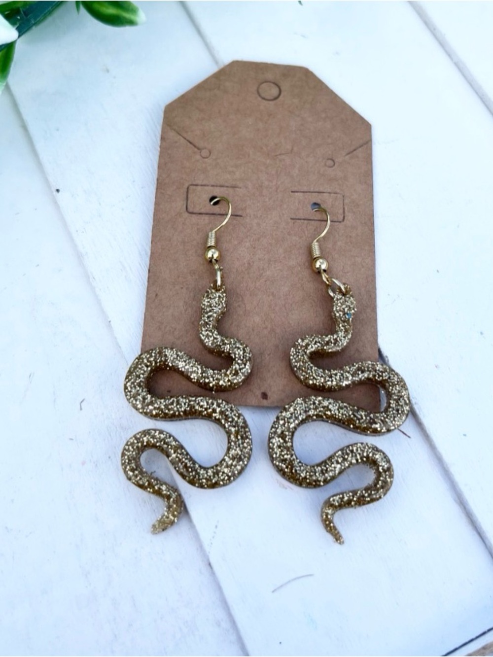 New Gold Glitter Snake Dangle Earrings